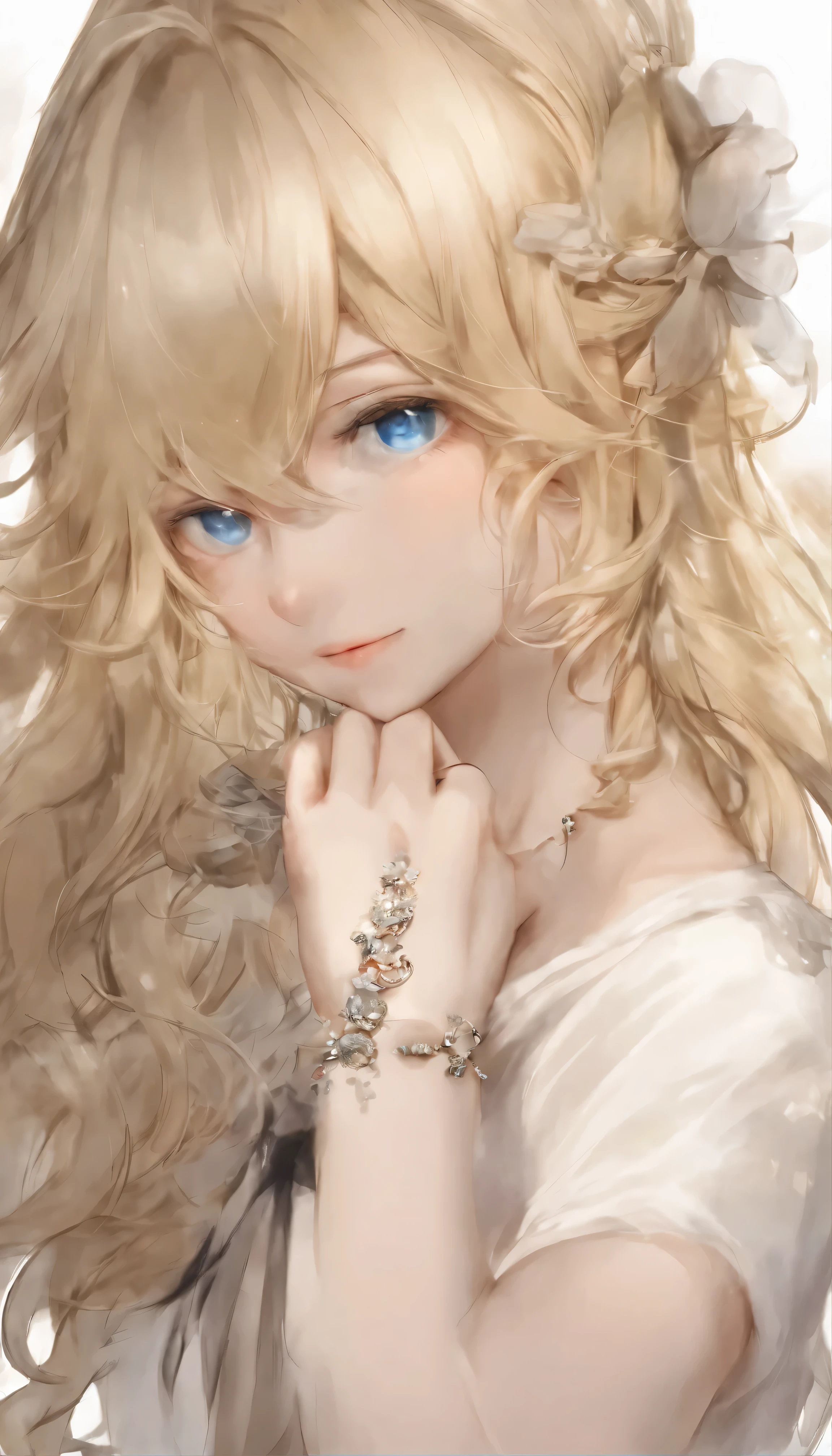 (masterpiece、Absurd realism、High resolution、Super fine) One Man、Wavy blonde hair、adult、blue eyes、ponytail、Male Focus、Handsome face、Casual clothing、Charm、beautiful、Detailed eyes and face, the image is a mesmerizing masterpiece、Meticulously crafted with absurd realism and high resolution that brings every detail to life。The subject is a man、Wavy blonde hair cascading down her back、Stylish ponytail。He is an adult、like々The beautiful features are still vivid,、It hints at the maturity of age.。