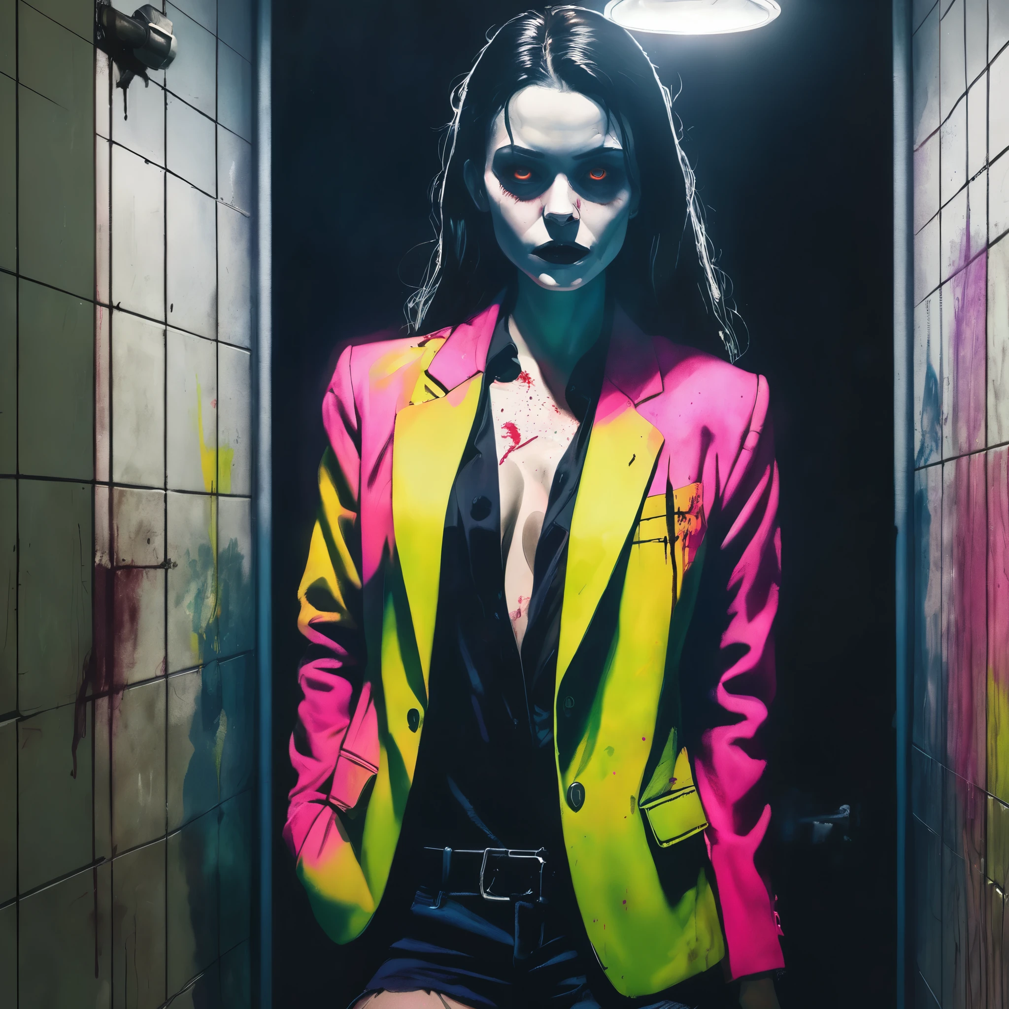 VtmArt, pintando close-up de um (Vampiro:0.4) girl in colorful blazer standing in an old and dirty public bathroom with fluorescent lighting, (Obra de arte:1.3), at night, cinematic lighting, intrinsecamente detalhado, alta qualidade, dramatic atmosphere