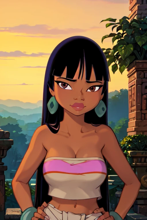 (masterpiece:1.2, best quality:1.2), ambient soft lighting, perfect lighting, 1girl, chel, black hair, long hair, blunt bangs, brown eyes, dark skin, lipstick, large breasts, wide hips, tube top, cleavage, bare shoulders, emerald earrings, emerald bracelets, upper body, solo, looking at the camera with a smug look on her face, hands on hips, market background
