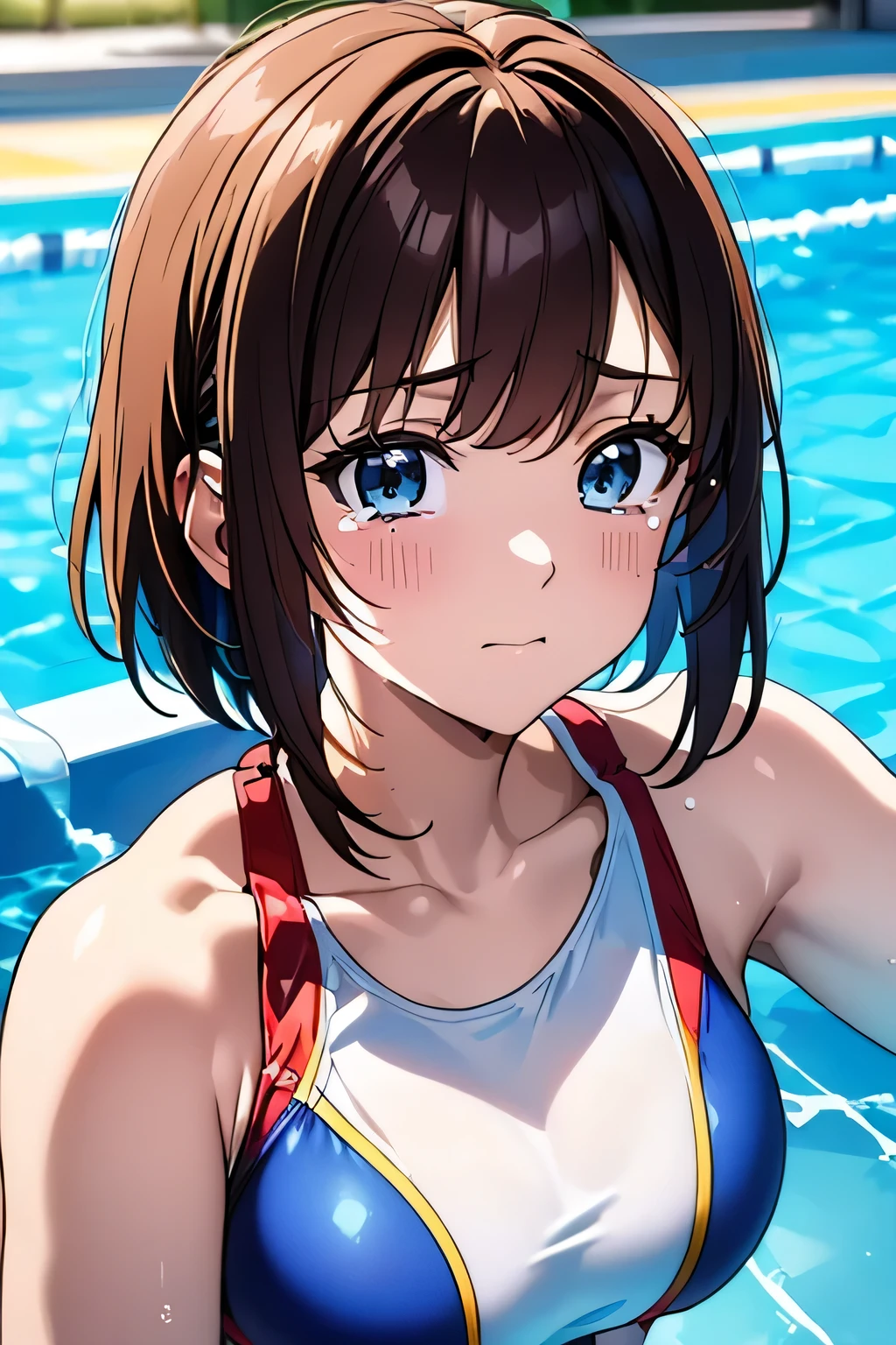 (((Competition diving board:1.3))),(((Sports towel))), (((Competition Pool 1.3))),((Competition Swimwear:1.7)),(((White one piece swimsuit))),Crying face,tears,Cute Face,Extreme close up of face,Shiny light brown and orange striped short hair,Perfect round face,iris,(hairpin、Floating Hair、),Big Breasts.Professional Lighting,Cinematic Light,(Tabletop,highest quality,Ultra-high resolution output images,) ,(8K quality),(Picture Mode Ultra HD),