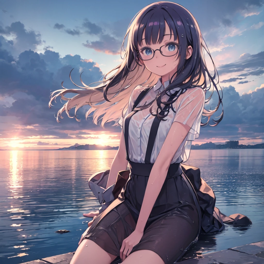 masterpiece、highest quality、High resolution、Very detailed、Medium wide shot、Girl、、Glasses、Wet clothes、See-through clothing、smile、after the rain、blue sky、Wet Hair、Water Drop、Watching the audience、summer、rainbow、