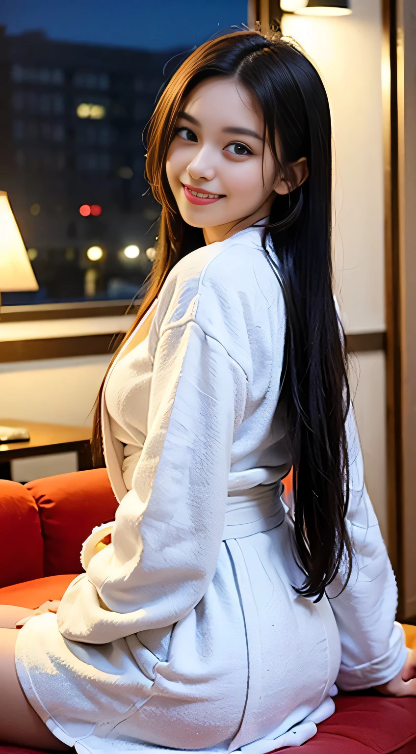 (Tabletop, highest quality:1.4), Beautiful Face, 8k, 85mm, Absurd, ((night:1.5))、((Dark hotel bedroom))、((Sitting on the red sofa:1.4))、((Wearing a thick white bathrobe:1.4)), ((Cowboy Shot:1.5))、((Shooting from the side:1.4))、((16-year-old girl:1.4))、((udder of medium size,:1.4))、Viola Lace, Gardenia, Delicate girl, alone,(((A woman with straight medium-long hair:1.5)))、night, Looking at the audience, Upper Body, Film Grain, chromatic aberration, Sharp focus, Face Light, Professional Lighting, Sophisticated, ((She looks at me with a smile:1.4)), (Simple Background, Background blur:1.2), Detailed aspect、