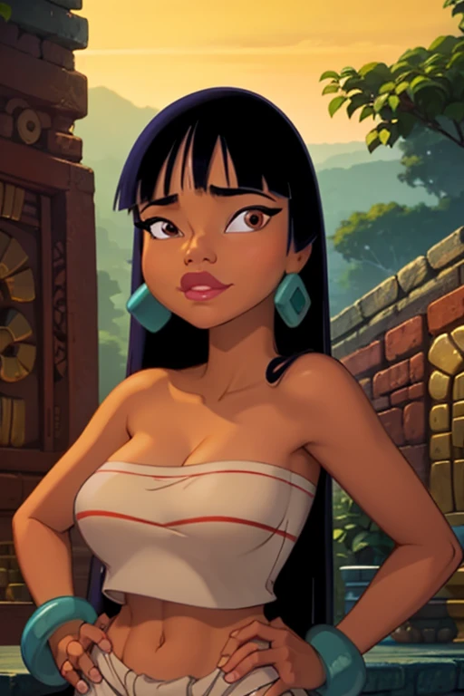 (masterpiece:1.2, best quality:1.2), ambient soft lighting, perfect lighting, 1girl, chel, black hair, long hair, blunt bangs, brown eyes, dark skin, lipstick, large breasts, wide hips, tube top, cleavage, bare shoulders, emerald earrings, emerald bracelets, upper body, solo, looking at the camera with a smug look on her face, hands on hips, market background
