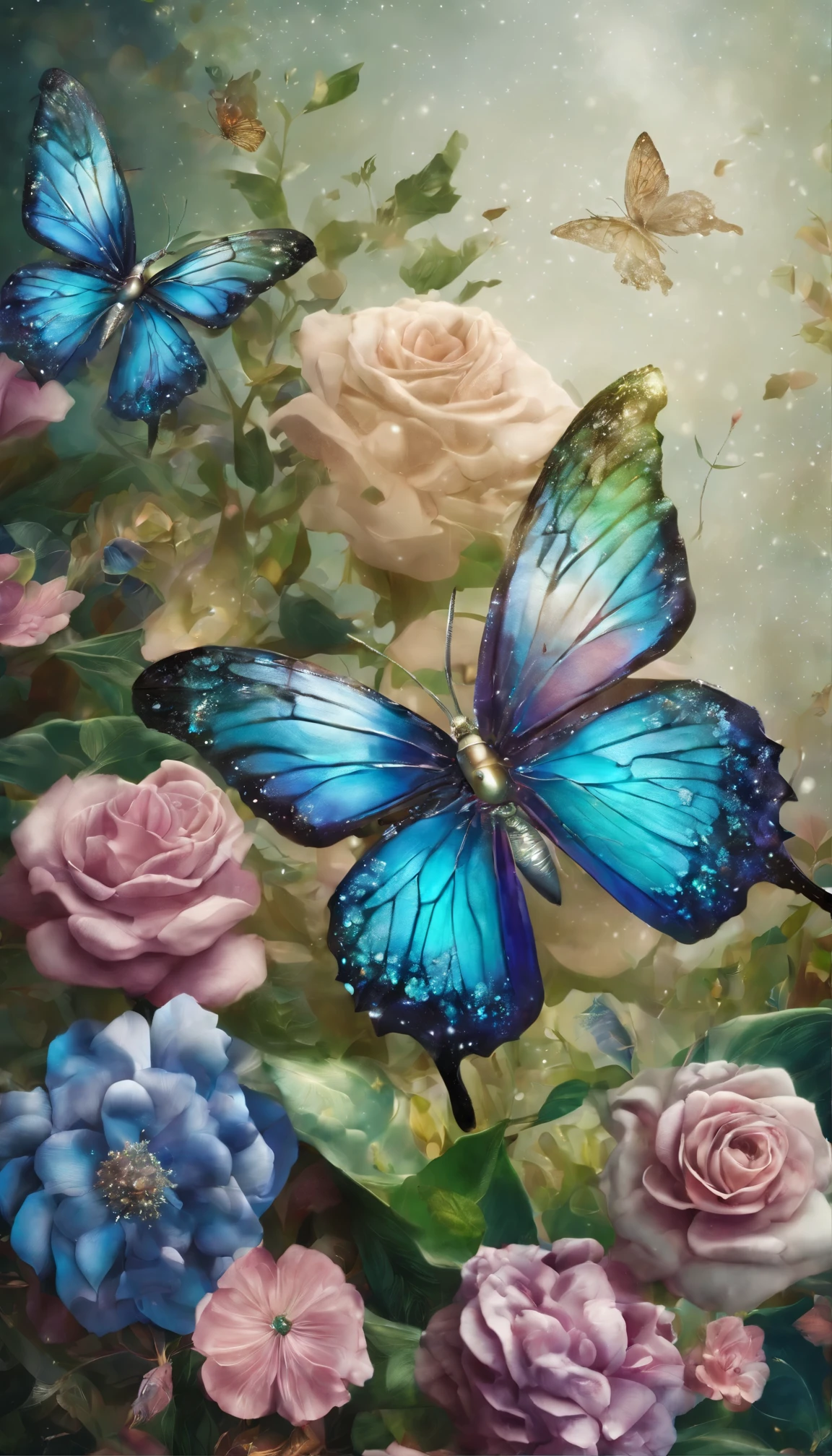 The background is greenblue,All expressed with jewels, the arrival of spring, various beautiful flowers,Swallowtail butterfly,
, angles looking up from below, various jewels falling from the sky, wonderful and beautiful superb view, slightly hazy, fantastic, high resolution, 8K, (best quality, highres, realistic:1.37), shiny metallic flowers, intricate and delicate petals, reflective surfaces, vibrant colors, intricate details, close-up view, surreal garden, surreal beauty, dreamy atmosphere, fine art, abstract botanicals, metallic sculpture, contrasting textures, ethereal glow