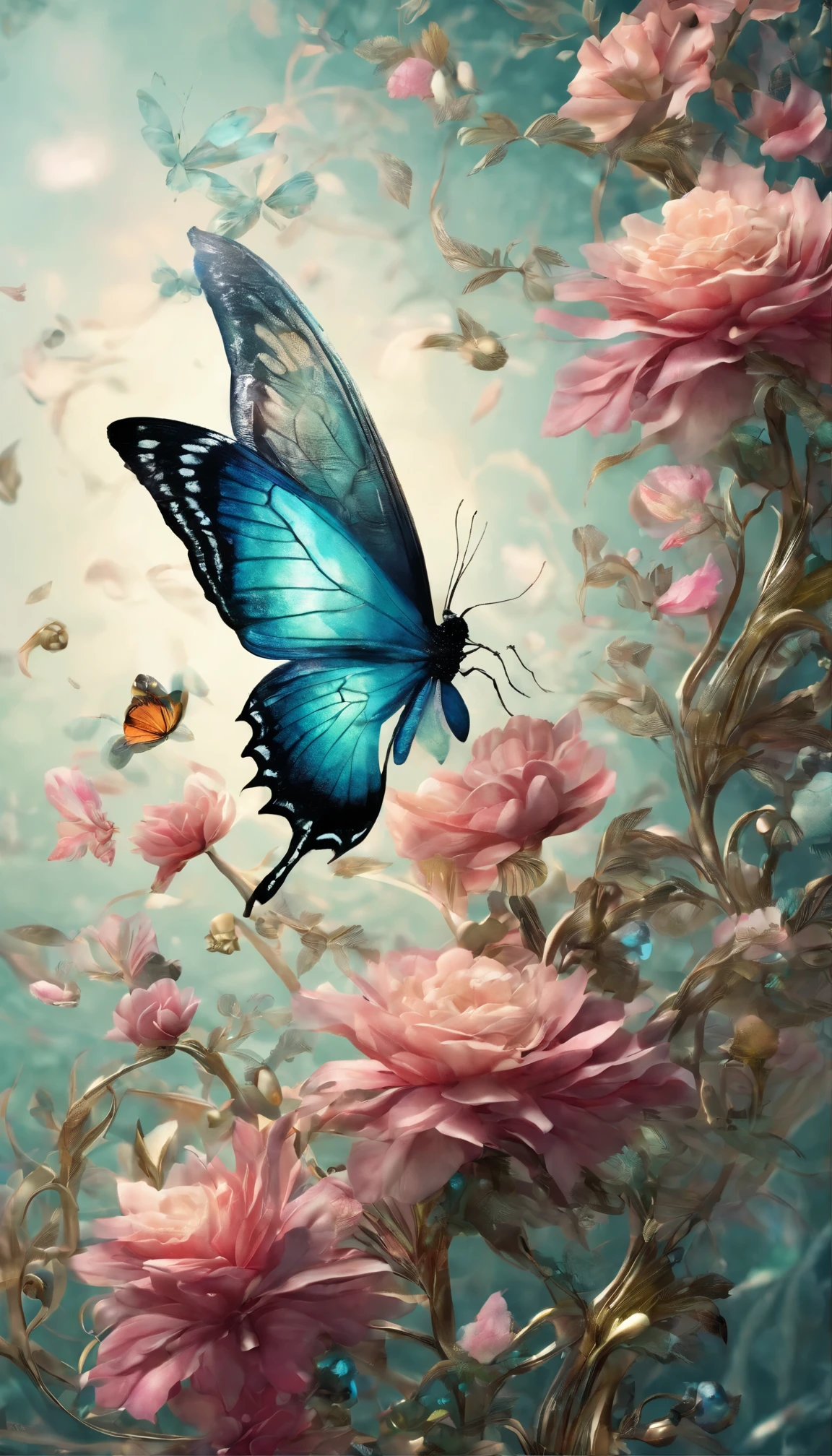 The background is greenblue,All expressed with jewels, the arrival of spring, various beautiful flowers,Swallowtail butterfly,
, angles looking up from below, various jewels falling from the sky, wonderful and beautiful superb view, slightly hazy, fantastic, high resolution, 8K, (best quality, highres, realistic:1.37), shiny metallic flowers, intricate and delicate petals, reflective surfaces, vibrant colors, intricate details, close-up view, surreal garden, surreal beauty, dreamy atmosphere, fine art, abstract botanicals, metallic sculpture, contrasting textures, ethereal glow
