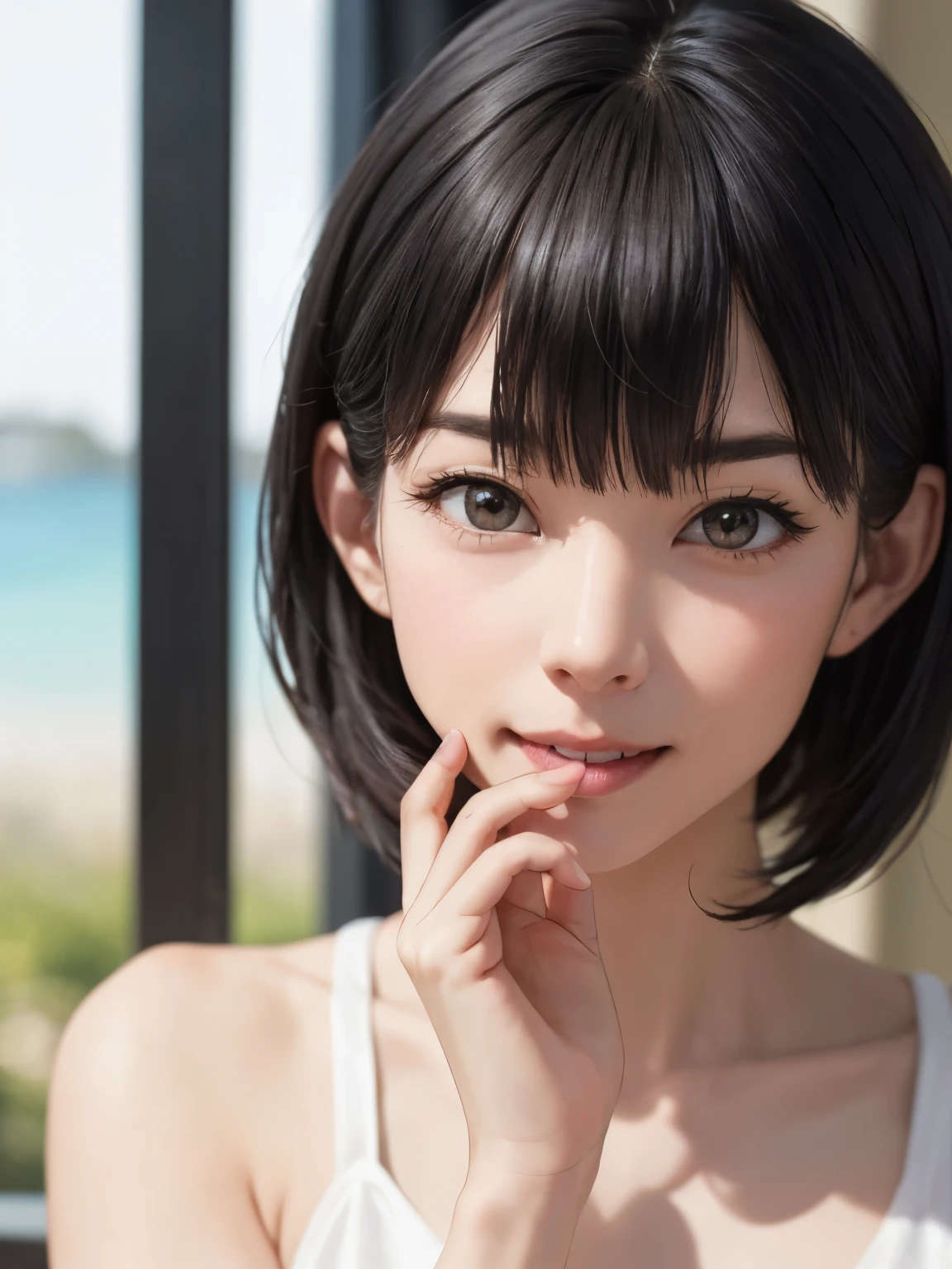 1 girl、highest quality、Realistic、alone、Written boundary depth、Natural soft light、Daytime、charm、Beautiful Face、Cleanliness、Pure Face、White skin、cute、short hair、prohibit、Beach、Light of the sun、Nedium Breast Body Esbian、((セーターを着たBeautiful Faceの黄金比 対称性のあるBeautiful Face, Wearing nothing:2))、Long neck、Listen carefully、prohibitのあるきれいな短いボブヘア、Laugh with your mouth closed、Perfect hands指、Perfect hands、Perfect body、Perfect Face、Shine a light into your eyes、Perfect Anatomy:1.4、とてもcuteスーパーモデル:1.4、{Huge|big|Hugeな|Mega} chest:2, chestの谷間:2、transparent、transparent性、Grossoisture、Shine、Cool feeling、Beautiful gradation blue sky:2
