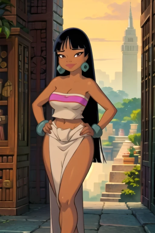 (masterpiece:1.2, best quality:1.2), ambient soft lighting, perfect lighting, 1girl, solo, chel, black hair, long hair, blunt bangs, brown eyes, dark skin, lipstick, large breasts, wide hips, tube top, cleavage, bare shoulders, emerald earrings, emerald bracelets, looking at the camera with a smug look on her face, hands on hips, market background, full body market
