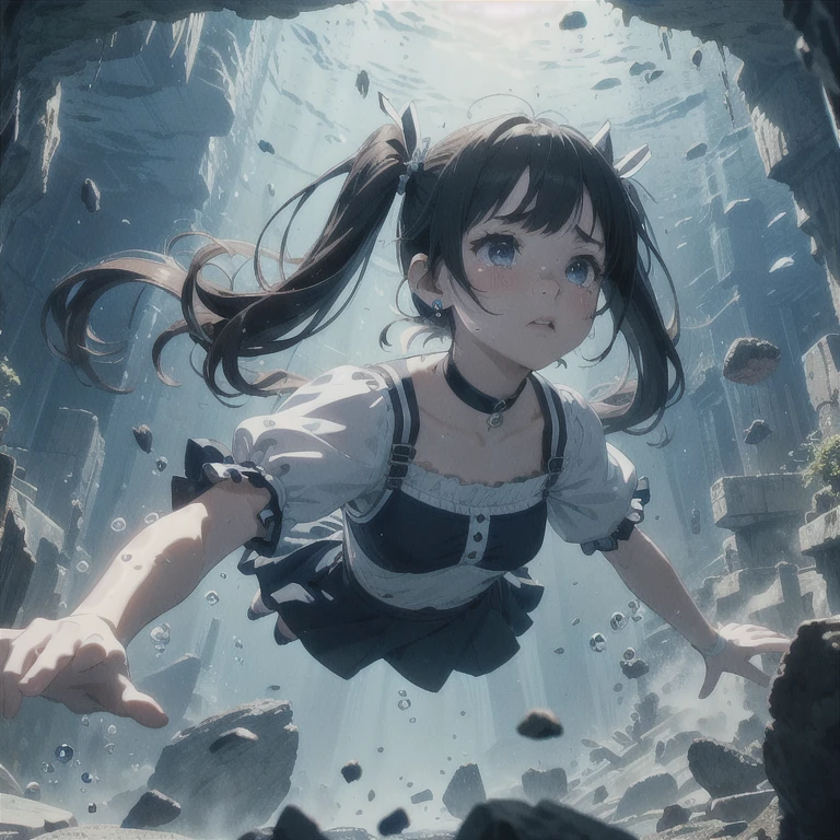 masterpiece,highest quality,Very detailed,One girl,alone,Panic, with eyes open,tears,tear up,
brother,Double good,Twin tails,Parted bangs,Circlet,jewelry,Earrings,choker,,White gloves,Elbow hand pockets,Blue Skirt,

Cave Diving,(diving),floating,swimming,,whole body,Shorthand,Reach out to your audience,air bubble,bubble,Hold your breath,Pouting,