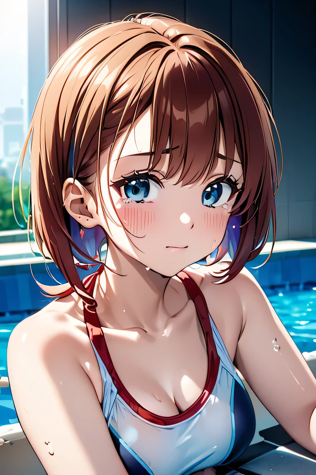 (((Competition pool diving board:1.3))),(((Sports towel))), (((Competition Pool 1.3))),((Competition Swimwear:1.7)),(((White one piece swimsuit))),Crying face,tears,Cute Face,Extreme close up of face,Shiny light brown and orange striped short hair,Perfect round face,iris,(hairpin、Floating Hair、),Big Breasts.Professional Lighting,Cinematic Light,(Tabletop,highest quality,Ultra-high resolution output images,) ,(8K quality),(Picture Mode Ultra HD),

