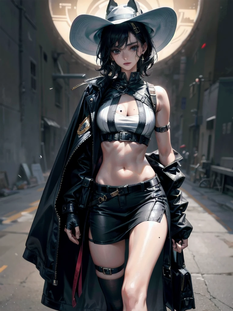 Sci-Fi fashion, high-tech Equipment, future, cowgirl costume, vest, cowboy hat, fingerless gloves, midriff, neckerchief, short skirt, holster, absurdres, RAW photo, extremely delicate and beautiful, masterpiece, Best Quality, ultra high resolution, 32k, hyperrealistic, ultra-detailed, detailed description, pale skin, 20 years old, tearful mole, earring, short medium hair, wavy hair, whole body shot,