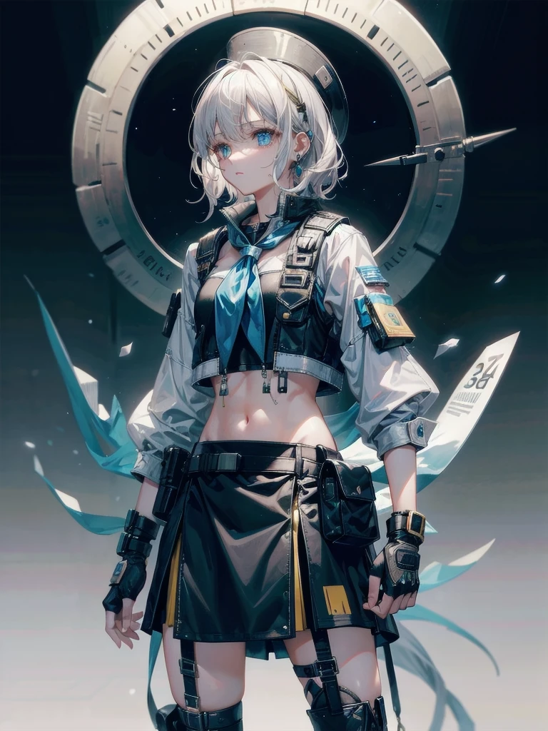 Sci-Fi fashion, high-tech Equipment, future, cowgirl costume, vest, cowboy hat, fingerless gloves, midriff, neckerchief, short skirt, holster, absurdres, RAW photo, extremely delicate and beautiful, masterpiece, Best Quality, ultra high resolution, 32k, hyperrealistic, ultra-detailed, detailed description, pale skin, 20 years old, tearful mole, earring, short medium hair, wavy hair, whole body shot,