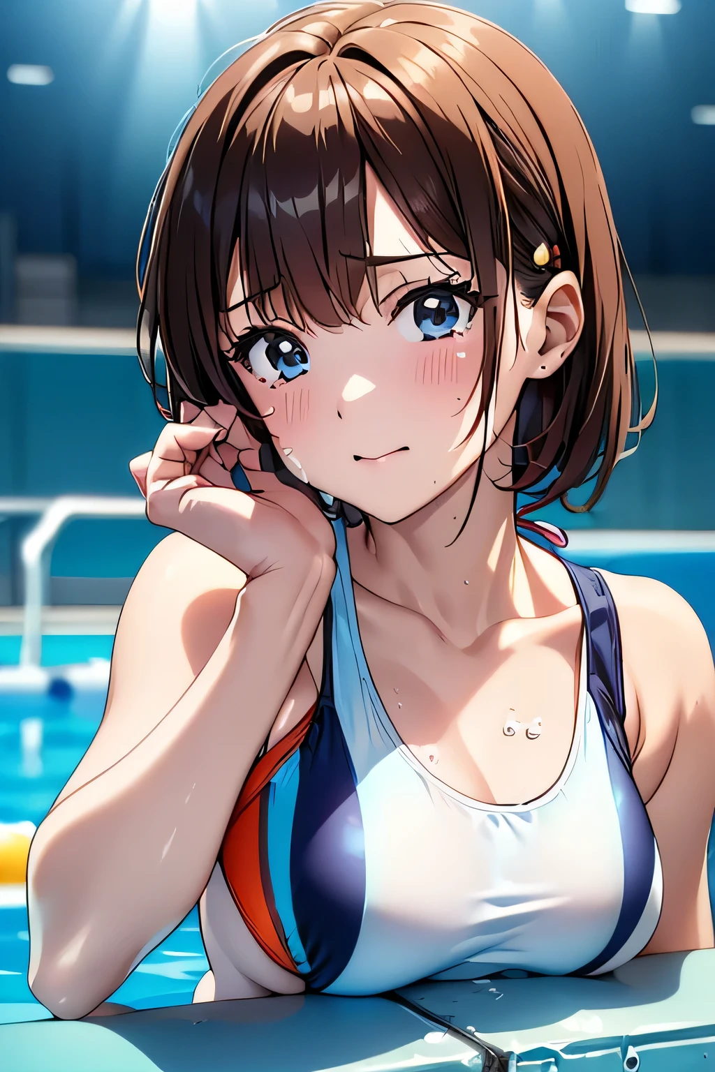 (((Competition pool diving board:1.3))),(((Sports towel))), (((Competition Pool 1.3))),((Competition Swimwear:1.7)),(((White one piece swimsuit))),Crying face,tears,Cute Face,Extreme close up of face,Shiny light brown and orange striped short hair,Perfect round face,iris,(hairpin、Floating Hair、),Big Breasts.Professional Lighting,Cinematic Light,(Tabletop,highest quality,Ultra-high resolution output images,) ,(8K quality),(Picture Mode Ultra HD),