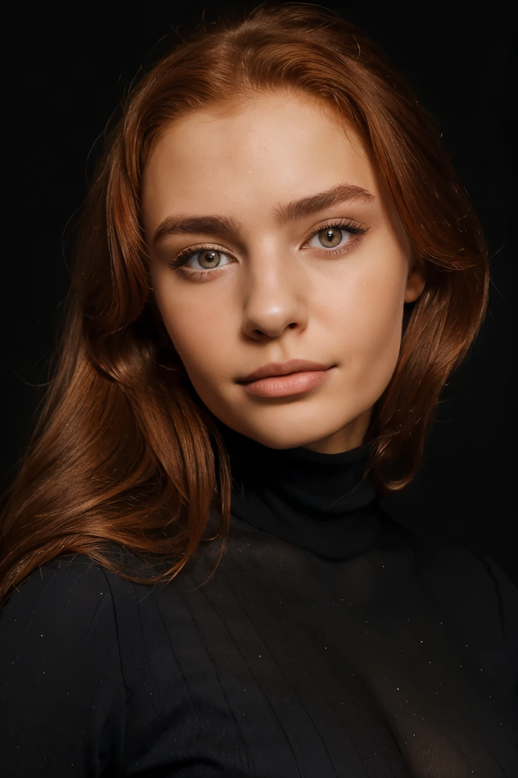 beautiful 20 year old woman, ljubic, professional portrait, black background, suit, beautiful face, heart shaped face, red/brown hair, fully dressed, ljubic, turtleneck
