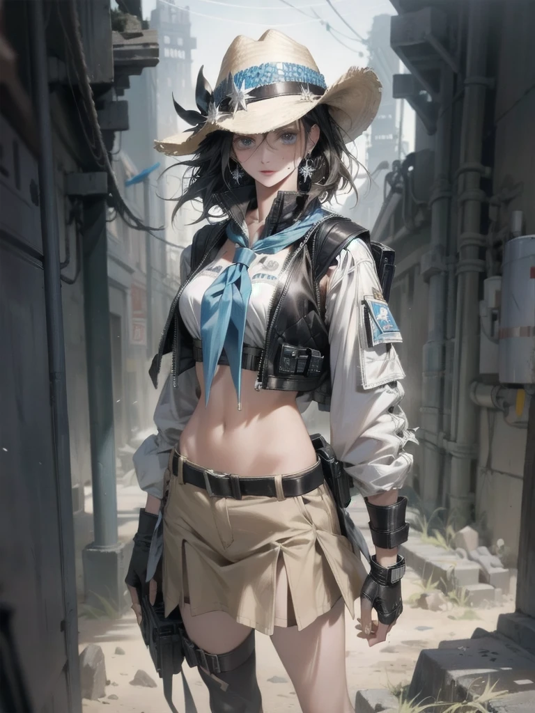 Sci-Fi fashion, high-tech Equipment, future, cowgirl costume, vest, cowboy hat, fingerless gloves, midriff, neckerchief, short skirt, holster, absurdres, RAW photo, extremely delicate and beautiful, masterpiece, Best Quality, ultra high resolution, 32k, hyperrealistic, ultra-detailed, detailed description, pale skin, 20 years old, tearful mole, earring, short medium hair, wavy hair, whole body shot,