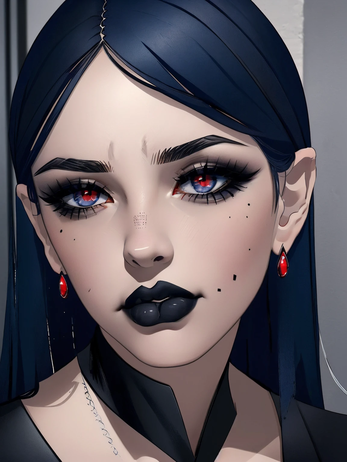 (best quality), (masterpiece), (detailed), (realistic), ((the whole body is in the frame)), (looks at the viewer), 1 girl, (dark blue hair, black lipstick, red eyes, black narrow pupils, red drop earrings, thick long eyelashes), black tight skirt, black blouse, black shoes, black tights, a mole on the left cheek from below, (agata:1.5) , 