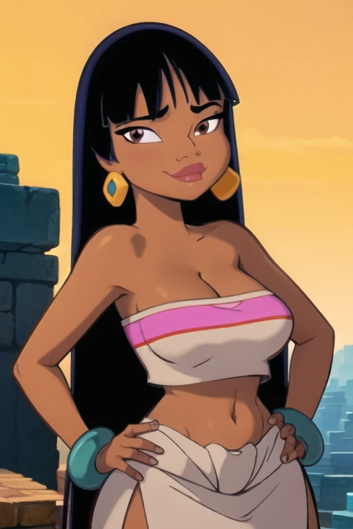 (masterpiece:1.2, best quality:1.2), ambient soft lighting, perfect lighting, 1girl, chel, black hair, long hair, blunt bangs, brown eyes, dark skin, lipstick, large breasts, wide hips, tube top, cleavage, bare shoulders, emerald earrings, emerald bracelets, upper body, solo, looking at the camera with a smug look on her face, hands on hips, market background
