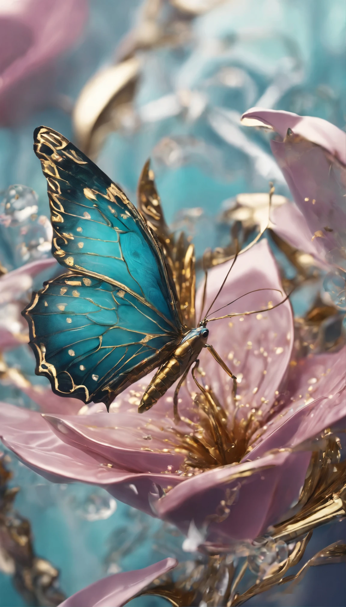 The background is greenblue,All expressed with jewels, the arrival of spring, various beautiful flowers,Swallowtail butterfly,
, angles looking up from below, various jewels falling from the sky, wonderful and beautiful superb view, slightly hazy, fantastic, high resolution, 8K, (best quality, highres, realistic:1.37), shiny metallic flowers, intricate and delicate petals, reflective surfaces, vibrant colors, intricate details, close-up view, surreal garden, surreal beauty, dreamy atmosphere, fine art, abstract botanicals, metallic sculpture, contrasting textures, ethereal glow