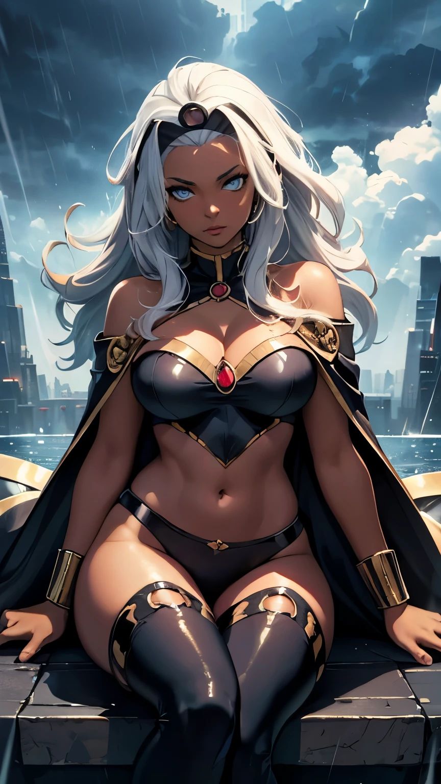 ,(Highly quality, masterpiece, detailed), stormy cloud city detailed scenario, stormy cloud city detailed background, 20 years old girl, dark clouds, rain, wet, 1girl, Ororo, dark skin, strapless, exposed shoulders, long hair, midriff, cape, gloves, skin tight pants, gold trim, sitting on a cloud, Abdomen, Navel, beautiful eyes, perfect eyes, looking at the viewer, Sexy pose