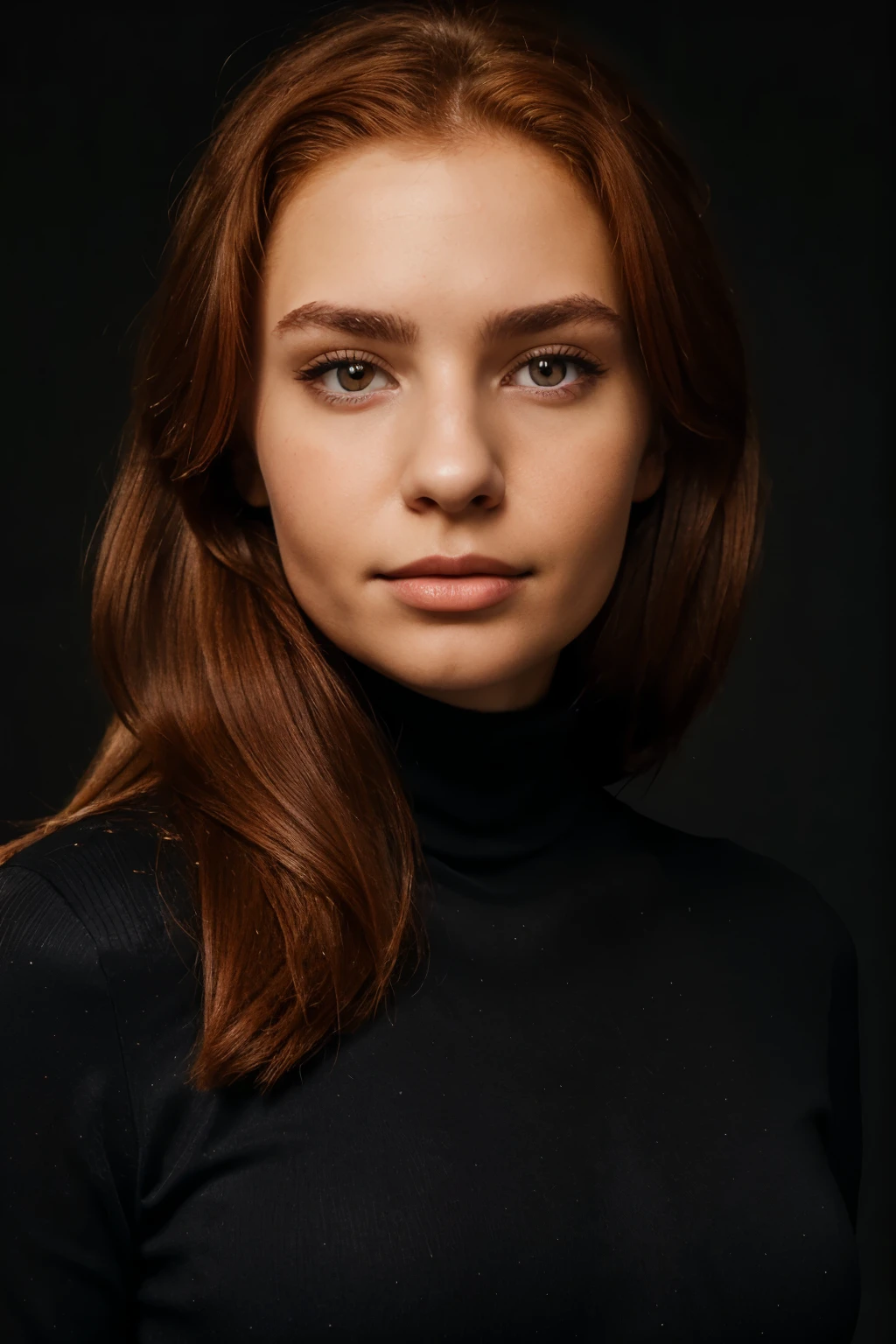 beautiful 20 year old woman, ljubic, professional portrait, black background, suit, beautiful face, heart shaped face, red/brown hair, fully dressed, ljubic, turtleneck