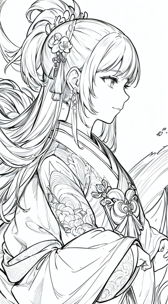 masterpiece, Acura, Happy Dragon, alone, Hanfu, Profile close-up, 幻想的なLine artの背景 , White Background, Monochrome, Line art, ((sketch))