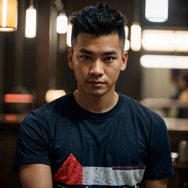 Young Asian man, 35 years old, Mohawk hair,) , Looking straight at you intently, alone, The night sky is bright and the light is warm.,) wide aperture, professional lighting, Sony A7R4, 50mm sessile lens., ,(T-shirt with red and dark blue pattern,) Warm light, shot with a high quality camera 45,000,000,000,Pixels, realistic light colors,