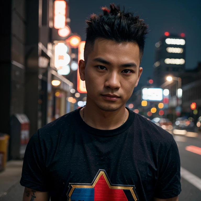 Young Asian man, 35 years old, Mohawk hair,) , Looking straight at you intently, alone, The night sky is bright and the light is warm.,) wide aperture, professional lighting, Sony A7R4, 50mm sessile lens., ,(T-shirt with red and dark blue pattern,) Warm light, shot with a high quality camera 45,000,000,000,Pixels, realistic light colors,