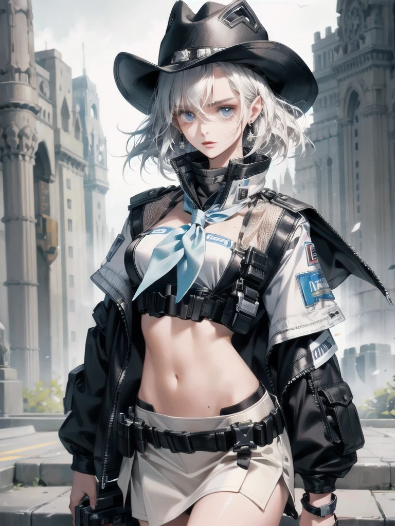 Sci-Fi fashion, high-tech Equipment, future, cowgirl costume, vest, cowboy hat, fingerless gloves, midriff, neckerchief, short skirt, holster, absurdres, RAW photo, extremely delicate and beautiful, masterpiece, Best Quality, ultra high resolution, 32k, hyperrealistic, ultra-detailed, detailed description, pale skin, 20 years old, tearful mole, earring, short medium hair, wavy hair, whole body shot,