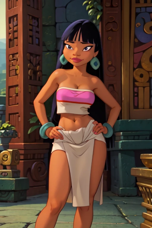 (masterpiece:1.2, best quality:1.2), ambient soft lighting, perfect lighting, 1girl, solo, chel, black hair, long hair, blunt bangs, brown eyes, dark skin, lipstick, large breasts, wide hips, tube top, cleavage, bare shoulders, emerald earrings, emerald bracelets, looking at the camera with a smug look on her face, hands on hips, market background, full body market
