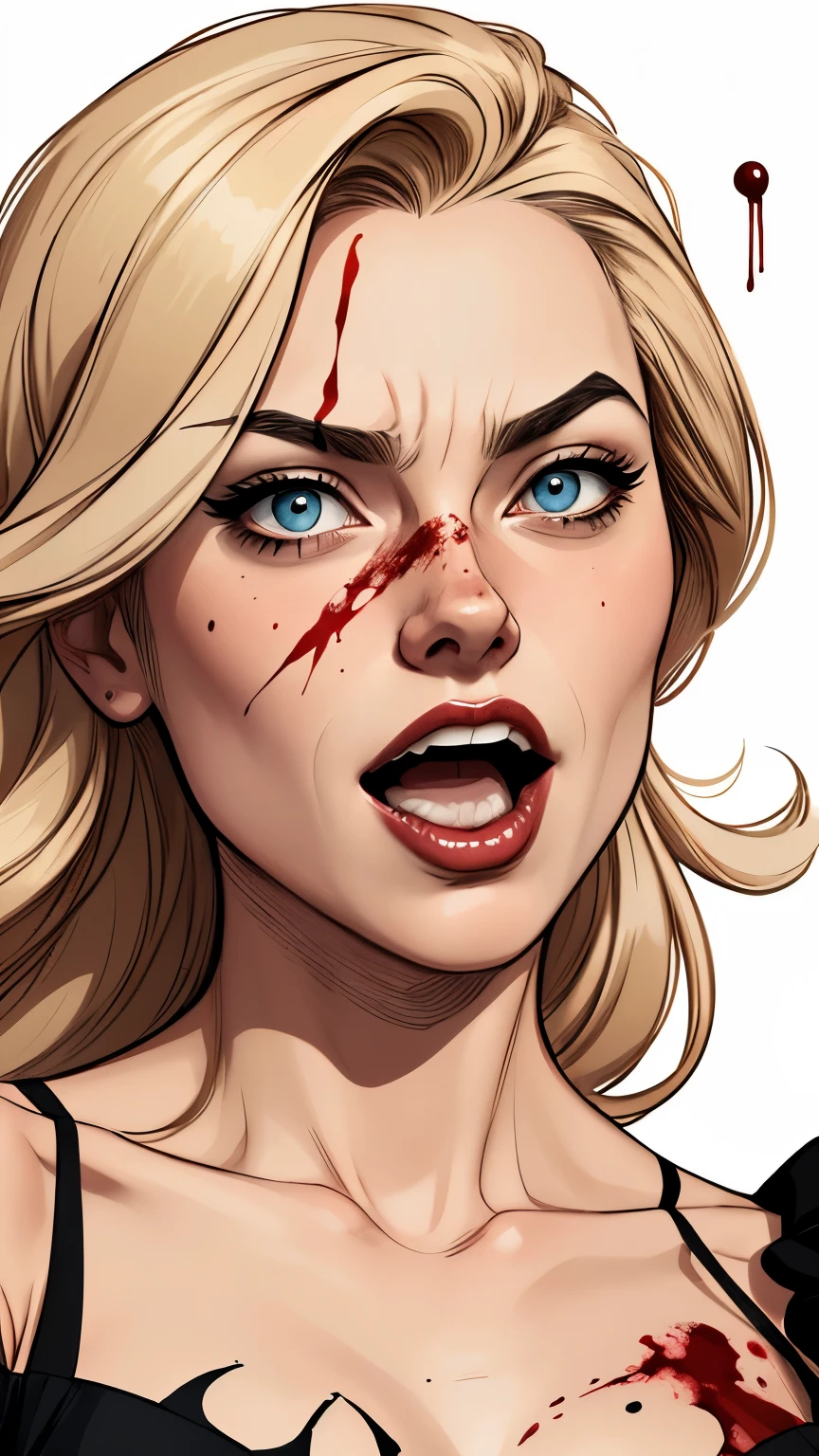 Personagem usando roupas  Burlesque suja de sangue criminoso  Yvonne Strahovski omagem de desenho animado de uma mulher .cartoon style illustration, estilo de arte dos desenhos animados, estilo de arte dos desenhos animados,   open mouth with vampire teeth stained with criminal blood Digital illustration style, design de personagens altamente detalhado, arte digital detalhada fofa, City fan art, Design de personagens de retrato, beautiful digital illustration, retrato de alta qualidade, Arte em quadrinhos, mulher jovem.  expression of sexual desire white background stained with criminal blood 