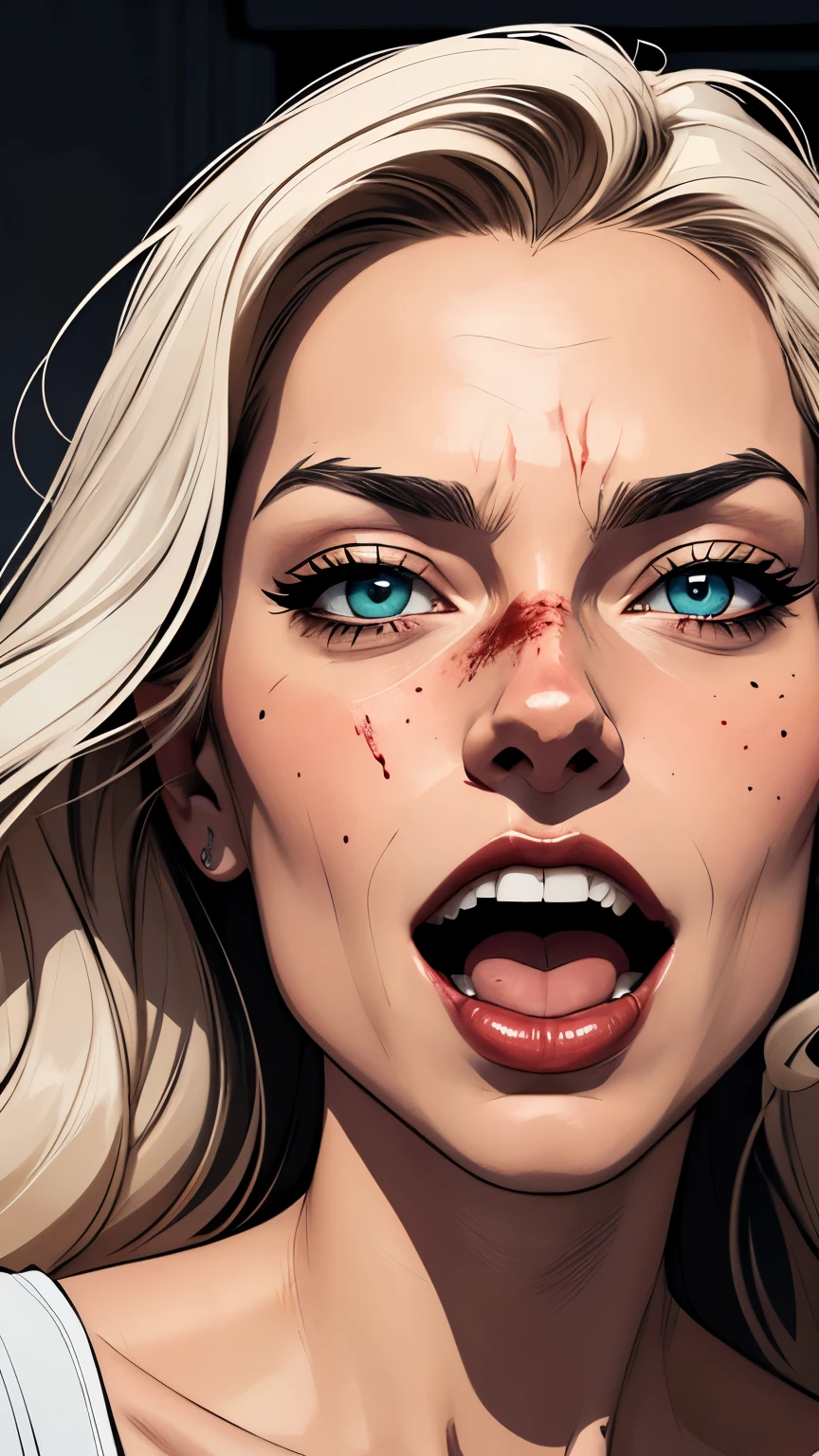 Personagem usando roupas Burlesque suja de sangue criminoso Yvonne Strahovski omagem de desenho animado de uma mulher .cartoon style illustration, estilo de arte dos desenhos animados, estilo de arte dos desenhos animados, open mouth with vampire teeth stained with criminal blood Digital illustration style, design de personagens altamente detalhado, arte digital detalhada fofa, City fan art, Design de personagens de retrato, beautiful digital illustration, retrato de alta qualidade, Arte em quadrinhos, mulher jovem. expression of sexual desire white background stained with criminal blood