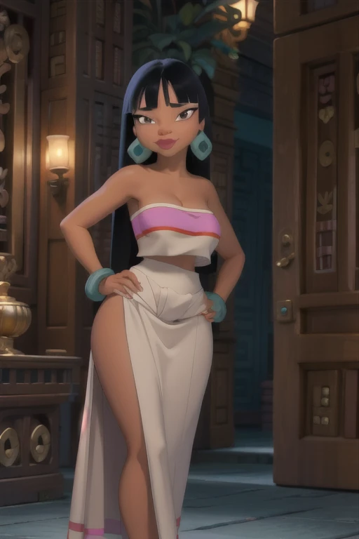 (masterpiece:1.2, best quality:1.2), ambient soft lighting, perfect lighting, 1girl, solo, chel, black hair, long hair, blunt bangs, brown eyes, dark skin, lipstick, large breasts, wide hips, tube top, cleavage, bare shoulders, emerald earrings, emerald bracelets, looking at the camera with a smug look on her face, hands on hips, market background, full body market
