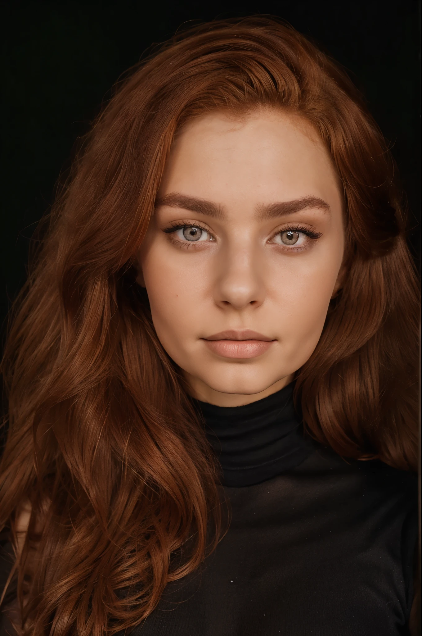 beautiful 20 year old woman, ljubic, professional portrait, black background, suit, beautiful face, heart shaped face, red/brown hair, fully dressed, ljubic, turtleneck