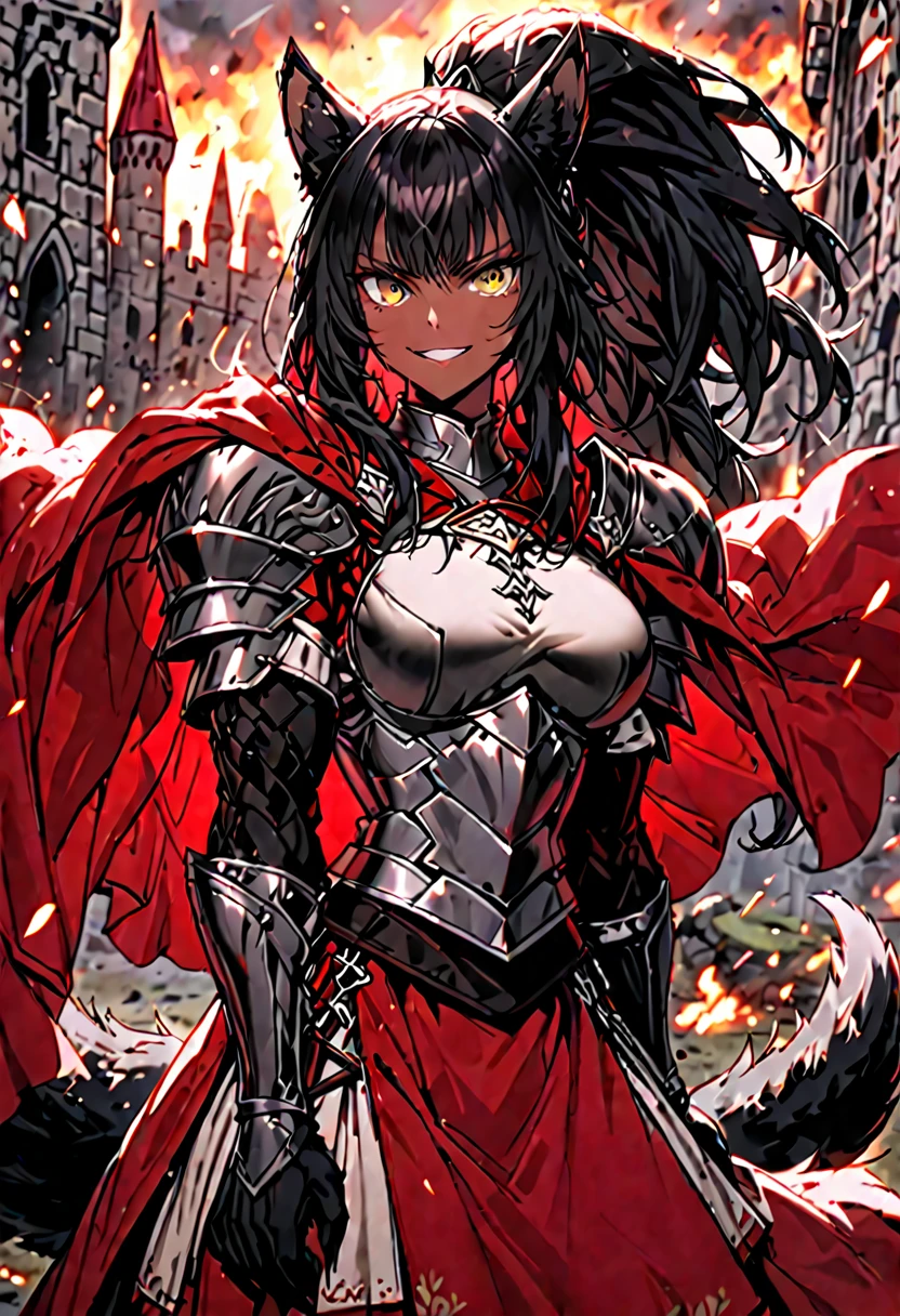 solo, female, sfw, medium shot, strong, dark skin, long messy hair, black hair, high ponytail, hazel eyes, black lynx ears, black lynx tail, muscular, regal armor, large breasts, competitive smile, animal hands:0.9, furred forearms, red cape, battlefield, medieval, red roman skirt