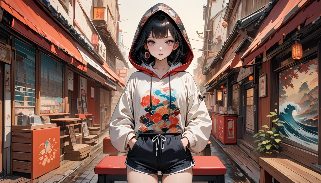 (((8k, Masterpiece, high resolution, highest quality, highest quality real texture skin))), ((wearing Japanese pattern headphones)), (Beautiful Japanese woman with a very well-shaped face, height 155cm, beautiful glossy lips, whole body, hoodie), (Covers the hood, hands in pockets: 1.5, Japanese style shorts), (Outer box: 1.2, Japanese pattern hoodie, super mini shorts), (black hair, messy hair, beige skin), ((background design, Japanese cafe)), (surreal, digital painting)