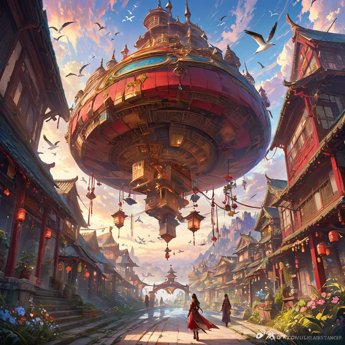 color (Fantasy: 1.2), (Traditional Chinese Style), (Irregular red building floating above clouds), Patchwork Cottage, Floral decoration, Light, Concept art inspired by Andreas Rocha, Artstation Contest Winner, Fantasy art, (Sky City), Ross Tran, Lightシャフト, Realistic lighting, masterpiece, high quality, Beautiful graphics, High detail, masterpiece, high quality, Beautiful graphics, High detail, , (Flying seabirds)