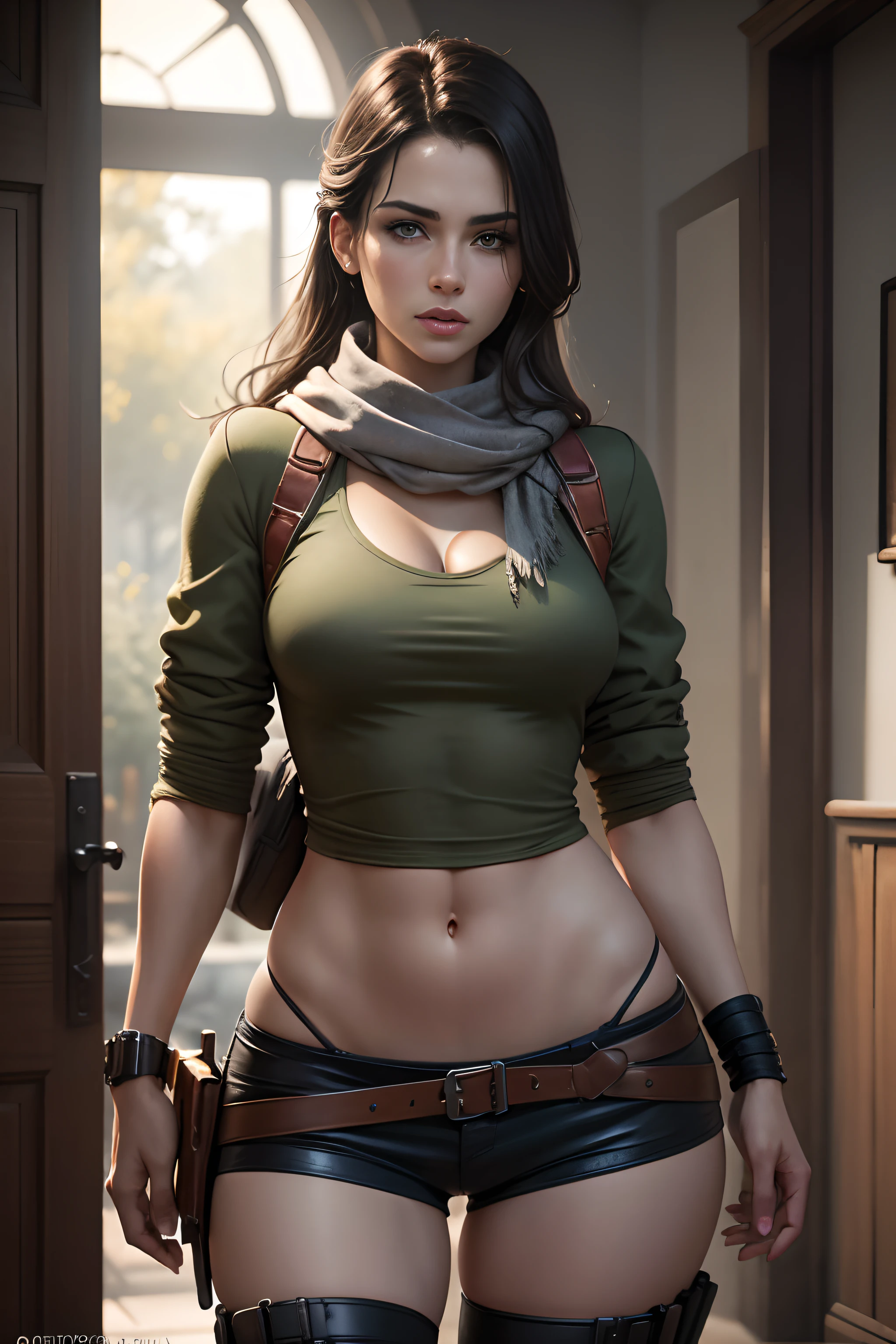 obra maestra , raw camera , calidad ultra , volumetric lighting, hdr, Maximum Resolution, Preciosa , estilo  militar , Estilo de ropa del juego Call of Duty , Generic in-game character ,  Camuflaje y atuendo sexy , Mujer musculosa con caderas enormes , thin belt and scarf , todo muy detallado, sexy position, ojos verdes, labios humedos, cuerpo completo, Fondo de la escena de guerra , 8K