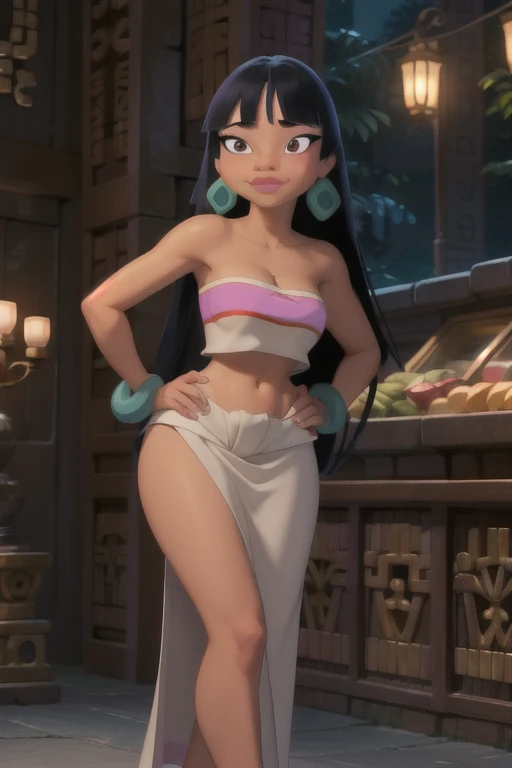 (masterpiece:1.2, best quality:1.2), ambient soft lighting, perfect lighting, 1girl, solo, chel, black hair, long hair, blunt bangs, brown eyes, dark skin, lipstick, large breasts, wide hips, tube top, cleavage, (midriff), bare shoulders, emerald earrings, emerald bracelets, looking at the camera with a smug look on her face, hands on hips, market background, full body market
