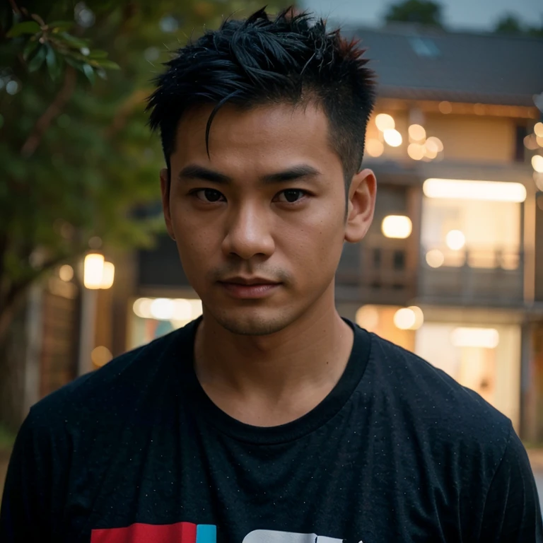 Young Asian man, 35 years old, Mohawk hair,) , Looking straight at you intently, alone,In the countryside, The night sky is bright and the light is warm.,) wide aperture, professional lighting, Sony A7R4, 50mm sessile lens., ,(T-shirt with red and dark blue pattern,) Warm light, shot with a high quality camera 45,000,000,000,Pixels, realistic light colors,
