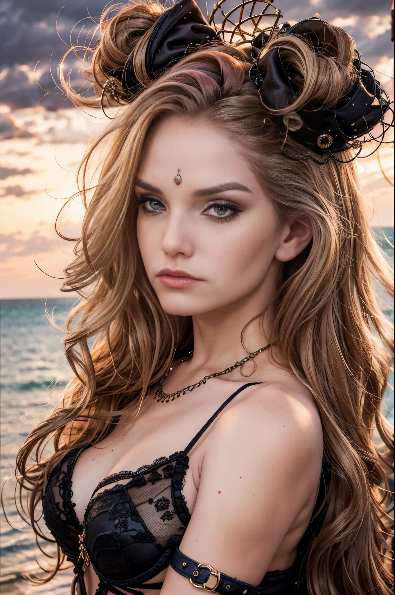 ( High quality , ultra detailed to hand ) ( careful hand ) Zodiac sign- Aries goddess , similar to latin goodness , Brave ,willful ,productive ,enterprising and humanitarian face . Moody, impulsive, impatient, assertive style . sunset reddish hair , transparent dress , in the ocean with sun , whole body , crystal fire eyes ( eye detailed ) . strong powerful make up look . Fire goddess , liz.ashley