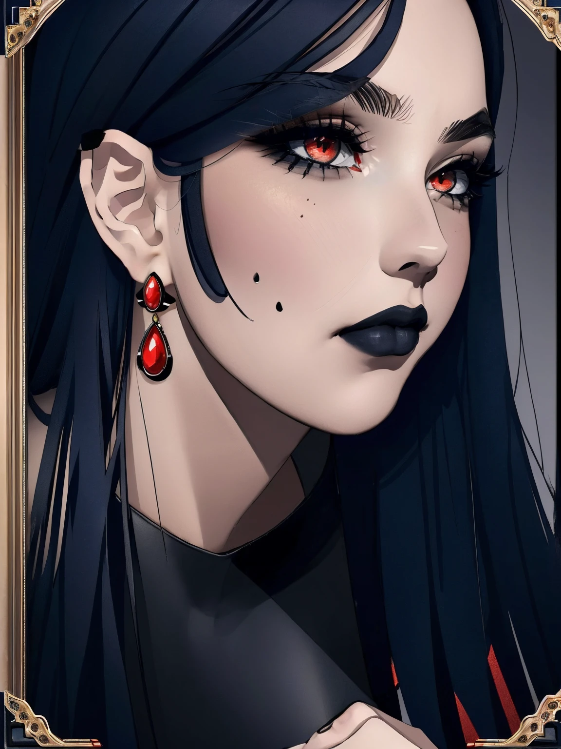 (best quality), (masterpiece), (detailed), (realistic), ((the whole body is in the frame)), (looks at the viewer), 1 girl, (dark blue hair, black lipstick, red eyes, black narrow pupils, red drop earrings, thick long eyelashes), black tight skirt, black blouse, black shoes, black tights, a mole on the left cheek from below, (agata:1.5) ,