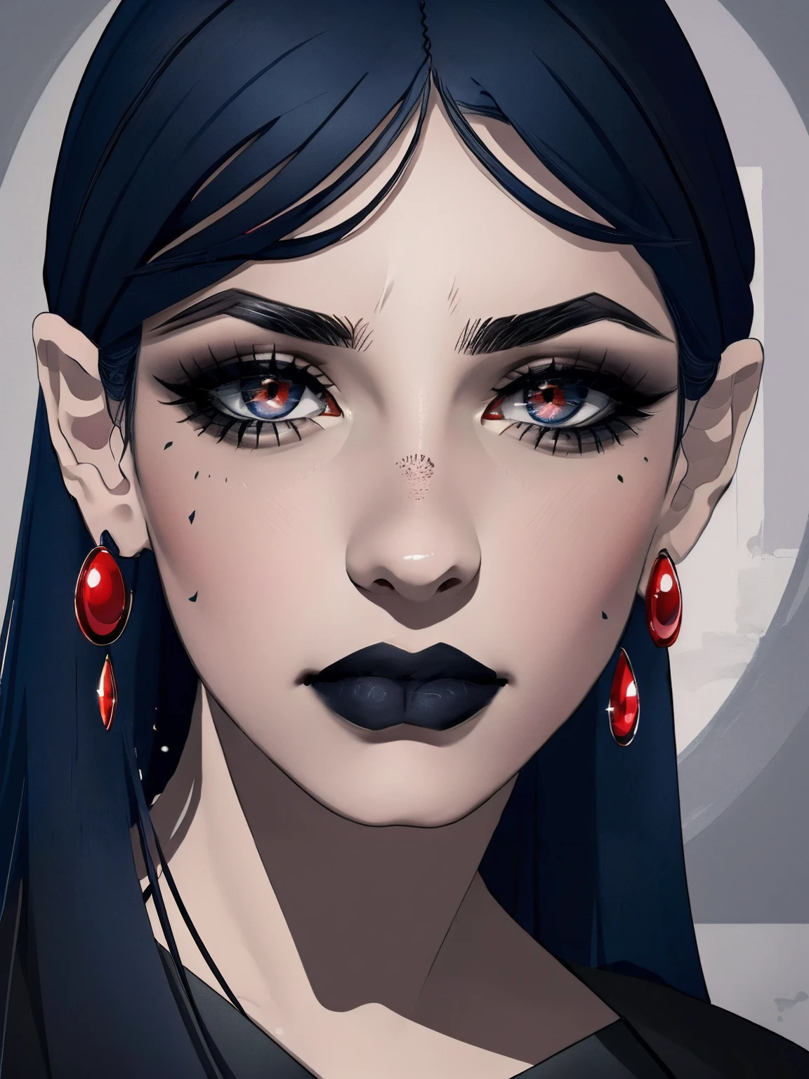 (best quality), (masterpiece), (detailed), (realistic), ((the whole body is in the frame)), (looks at the viewer), 1 girl, (dark blue hair, black lipstick, red eyes, black narrow pupils, red drop earrings, thick long eyelashes), black tight skirt, black blouse, black shoes, black tights, a mole on the left cheek from below, (agata:1.5) ,