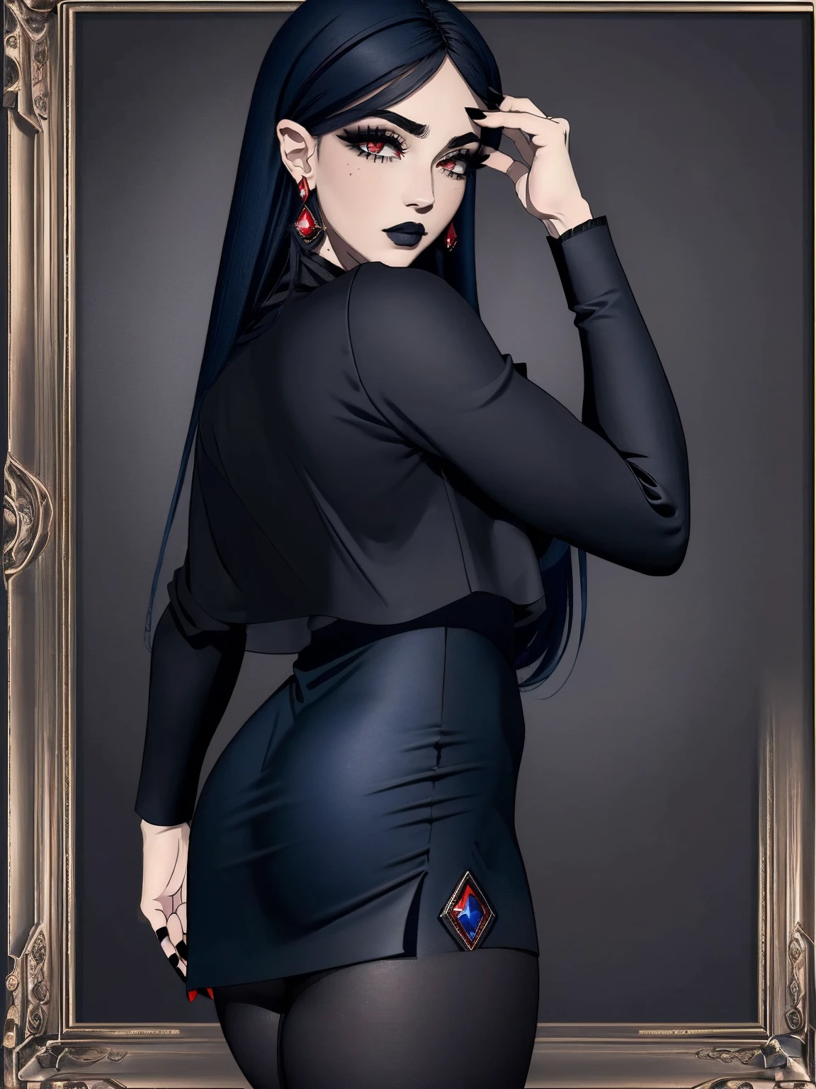 (best quality), (masterpiece), (detailed), (realistic), ((the whole body is in the frame)), (looks at the viewer), 1 girl, (dark blue hair, black lipstick, red eyes, black narrow pupils, red drop earrings, thick long eyelashes), black tight skirt, black blouse, black shoes, black tights, a mole on the left cheek from below, (agata:1.5) ,