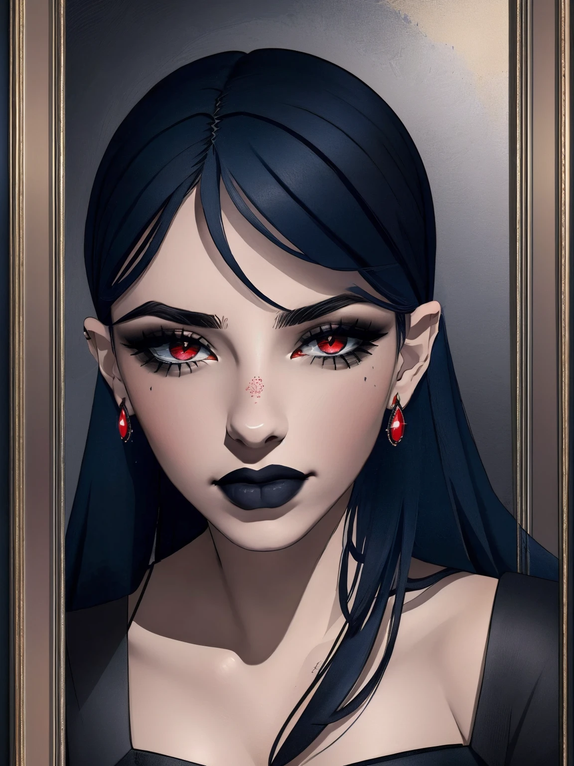 (best quality), (masterpiece), (detailed), (realistic), ((the whole body is in the frame)), (looks at the viewer), 1 girl, (dark blue hair, black lipstick, red eyes, black narrow pupils, red drop earrings, thick long eyelashes), black tight skirt, black blouse, black shoes, black tights, a mole on the left cheek from below, (agata:1.5) , 