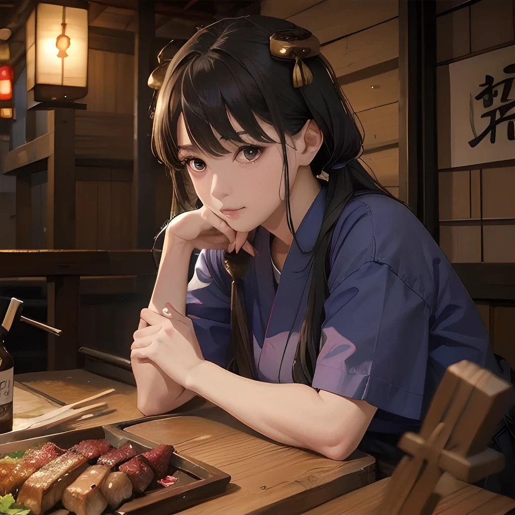 TOP quality,8K, masterpiece, (realistic:1.2), (1girl, yakitori:1.2), (izakaya:1.3),