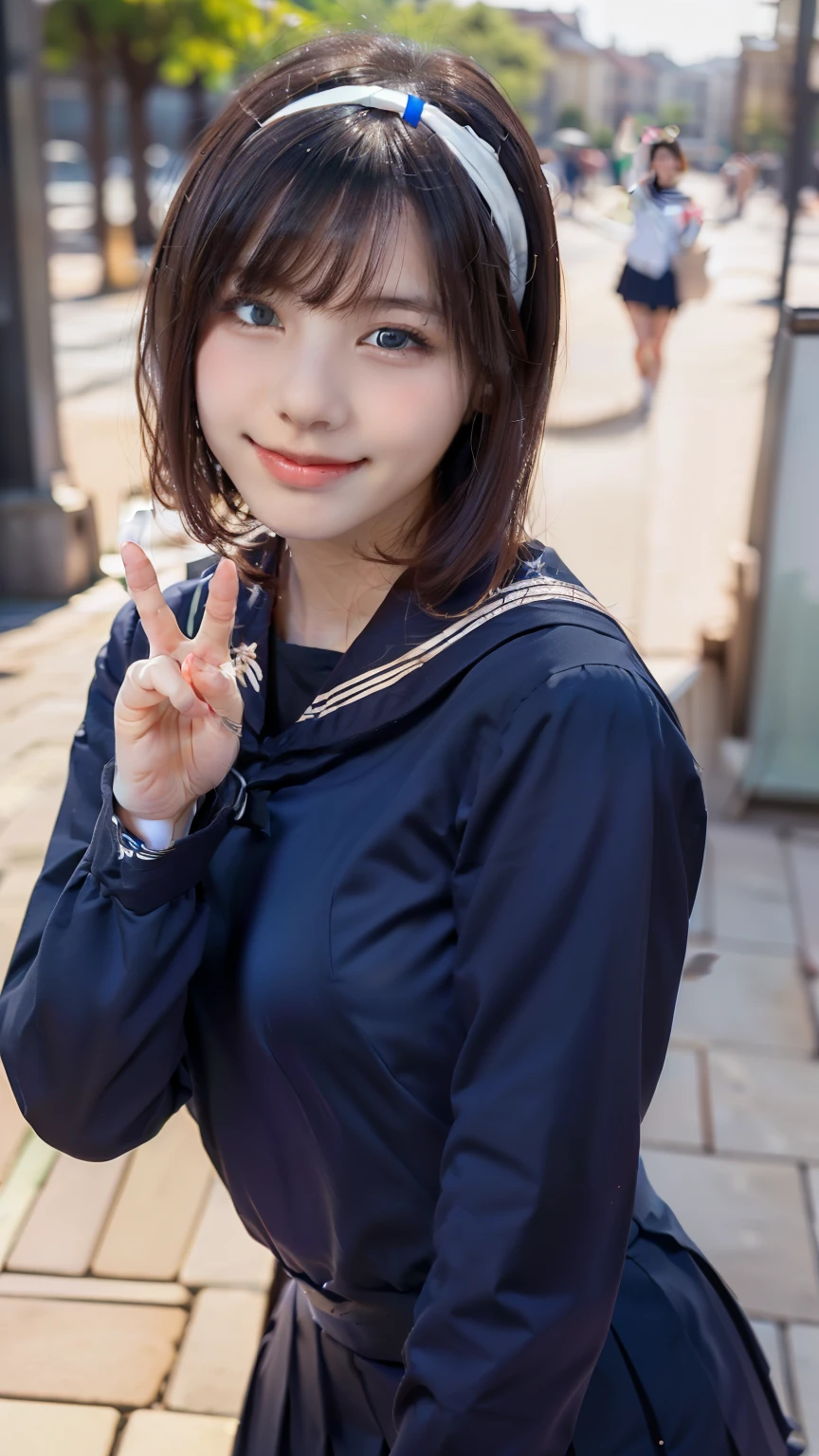 sailor uniform, One Woman, (Beautiful woman, delicate :1.3), Shiny Black Hair, Bobcut, bangs, (8k), (highest quality: 1.2), (Realistic), (Realistic: 1.37), (masterpiece), (Ultra-high resolution), (RAW Photos), (Absolute Resolution), (((face is small compared to body: 1.4))), (((Small face:１.4))), A balanced face, (Small Mouth: 1.4), ((Slim female body: 1.4)), Black Hair, (((long sleeve Sailor suit))), realistic high school girl, (((White headband))), Small breasts, Slanted Eyes, Bright Blue Eyes, (Cafe on the open terrace), Open your mouth, smile, Blurred, full body, Three white lines on the collar of a sailor uniform, Looking up, ((Peace sign with right hand:1.3)), 