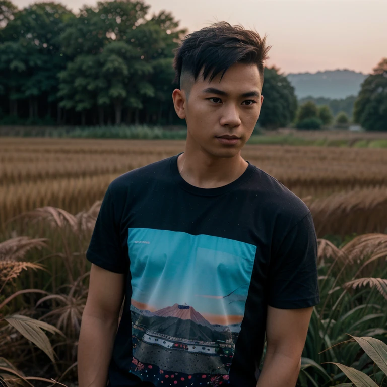 Young Asian man, 35 years old, Mohawk hair,) , Looking straight at you intently, alone,In the countryside, Rice fields at night, The night sky is bright and the light is warm.,) wide aperture, professional lighting, Sony A7R4, 50mm sessile lens., ,(T-shirt with red and dark blue pattern,) Warm light, shot with a high quality camera 45,000,000,000,Pixels, realistic light colors,