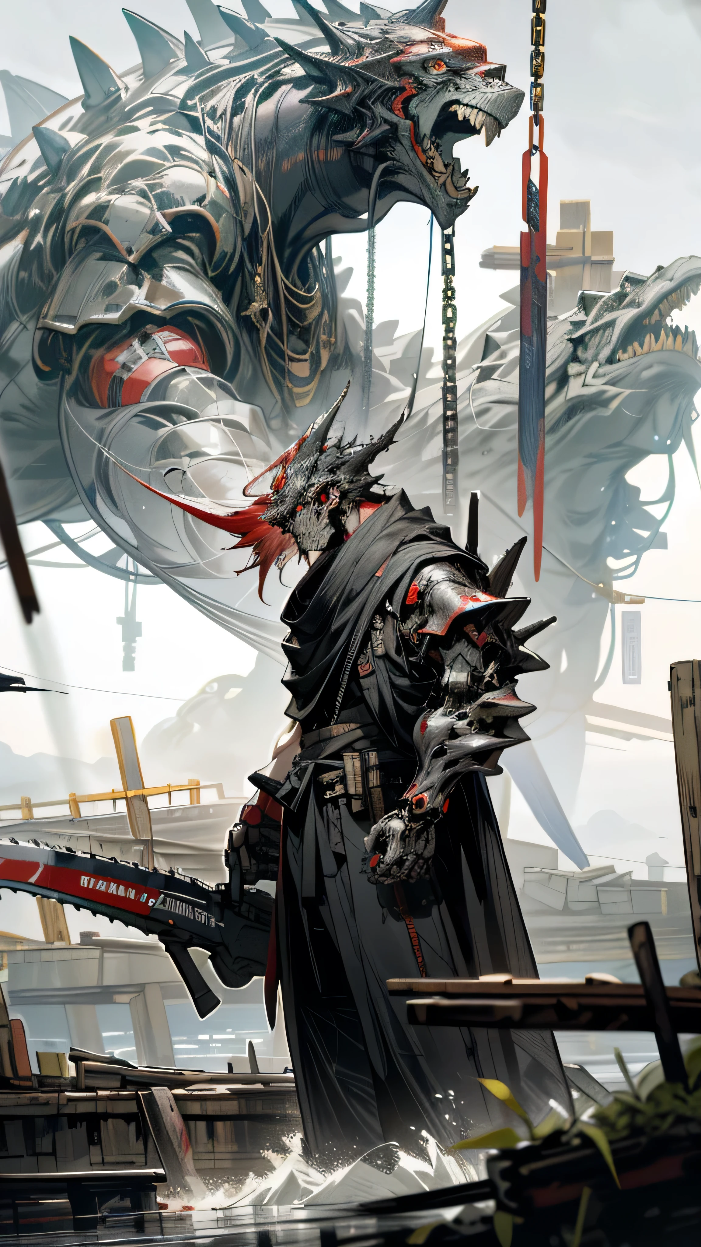 A breathtaking scene from the iconic Godzilla Japanese Movie unfolds as the towering monster hurls itself ashore, emerging from the churning waters of Tokyo Bay. In this rich, dark fantasy world of Cyberpunk, a solitary, formidable mechanical marvel - a cybernetic guardian - is deployed to counter the beast. Draped in a resplendent, red armor, reminiscent of the chain saw man, the robot's precise movements hint at a fearsome weapon hidden within its torso: the chain saw.

With the vibrant city of Tokyo serving as a stark contrast, the cybernetic guardian lands gracefully on four lawful legs, projecting an air