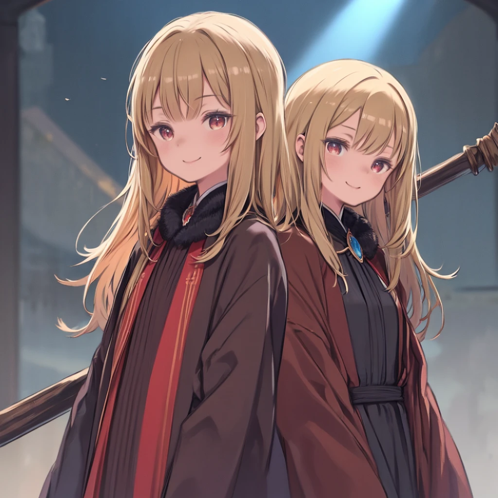 masterpiece、highest quality、High resolution、Very detailed、Medium wide shot、Girl、Berry Short、Blonde、Messy hair、Red Eyes、Fantasy、Dirt Road、Simple clothes、Large brooch、Cane、Brown robes、Wizard、With a black dog、blue sky、Watching the audience、smile、