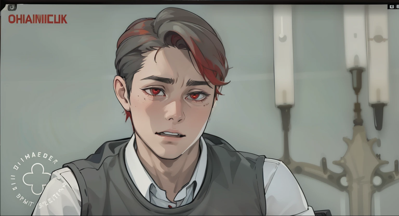 young man is scared worried is scared has red hair red eyes