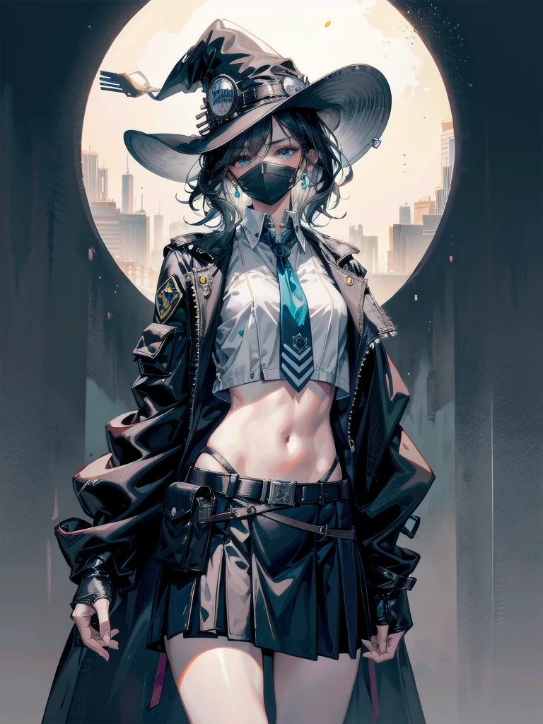 Sci-Fi fashion, high-tech Equipment, future, cowgirl costume, vest, cowboy hat, fingerless gloves, midriff, neckerchief, short skirt, holster, absurdres, RAW photo, extremely delicate and beautiful, masterpiece, Best Quality, ultra high resolution, 32k, hyperrealistic, ultra-detailed, detailed description, pale skin, 20 years old, tearful mole, earring, short medium hair, wavy hair, whole body shot,